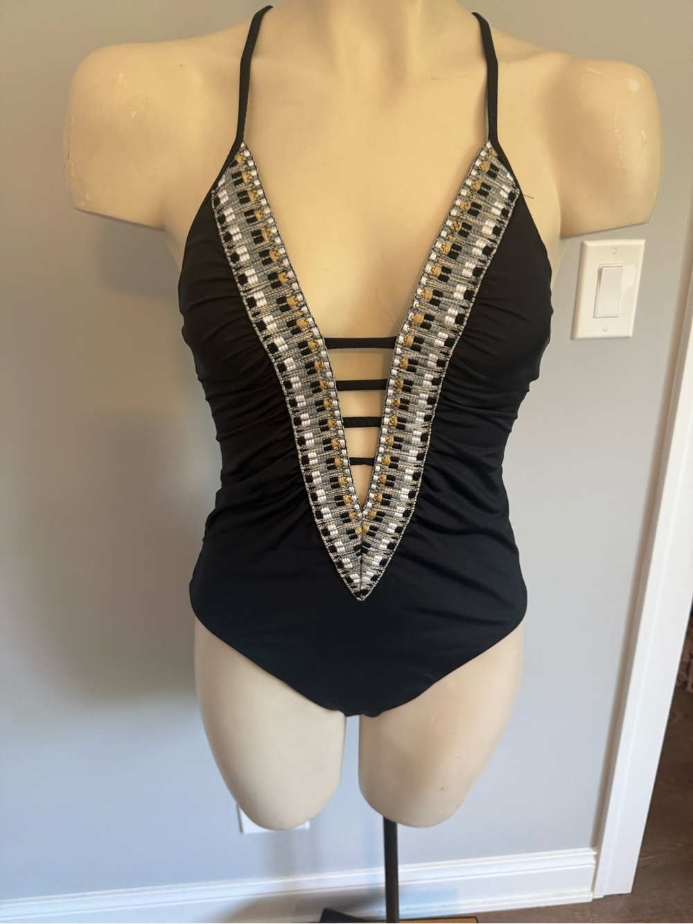 BECCA Black One-Piece Swimsuit with‎ Beaded V-Neck
